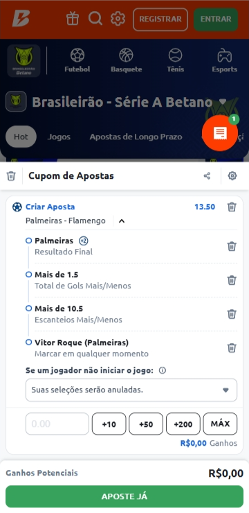 Cupom de bilhete de Criar Aposta na Betano com quatro seleções no jogo Palmeiras x Flamengo e odds 13.50