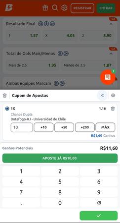 Cupom de Apostas da Betano com seleção de chance dupla para Botafogo-RJ contra Universidad de Chile, valor apostado de R$10 e ganho potencial de R$11,60.