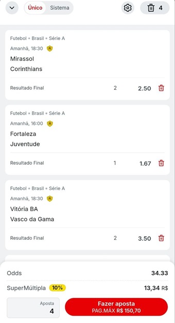 Bilhete de aposta em mercado de resultado final com pagamento antecipado Superbet