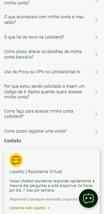 Central de ajuda da Lottoland com perguntas frequentes e atendimento virtual 24 horas via chatbot Lopetto
