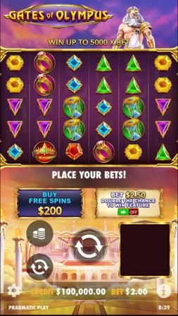 Slot Gates of Olympus da Pragmatic Play com tema mitológico, joias coloridas nos rolos e Zeus no topo da tela oferecendo até 5000x de prêmio.