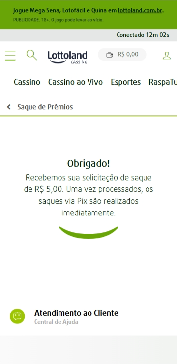 Comprovante de saque de R$5,00 via Pix no site da Lottoland, indicando pagamento imediato — prova de que a Lottoland é confiá
