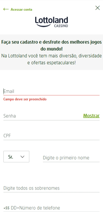 Formulário de cadastro no site da Lottoland, com campos para e-mail, senha, CPF, nome completo e telefone — primeiro passo para apostar na plataforma.