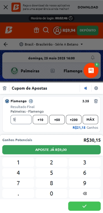 Bilhete de apostas na Betano com palpite de R$9 no Flamengo na partida contra o Palmeiras