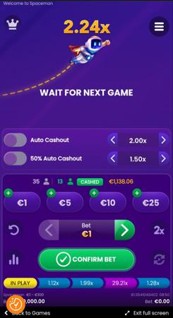 Jogo crash Spaceman da Pragmatic Play com personagem astronauta, função de auto cashout e multiplicador 2.24x em destaque