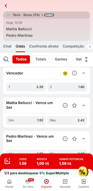 Partida Mattia Bellucci x Pedro Martinez na WTA com pagamento antecipado Superbet no Vencedor
