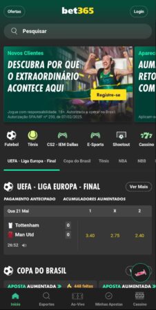 Aplicativo bet365 apresentando modalidades como futebol, tênis, E-Sports, além de cassino