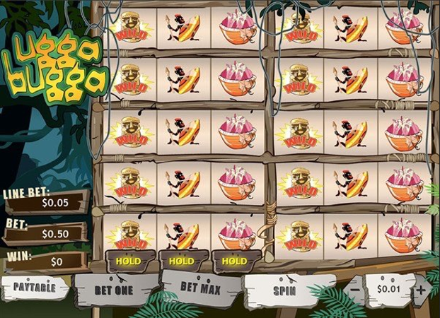 Ugga Bugga da Playtech com tema tribal e 10 colunas de símbolos como tambores, guerreiros e frutas, com opções de aposta por linha e botões de hold.