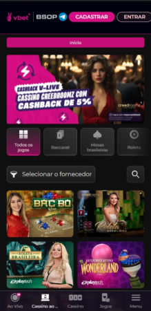Página de cassino ao vivo da Vbet com mesas brasileiras