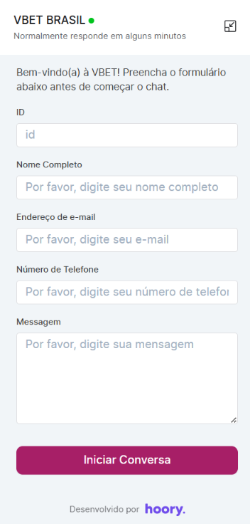 Formulário de chat ao vivo da Vbet com campo para nome completo, e-mail, telefone, ID e mensagem com o problema