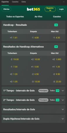 bet365 com cotações no mercado handicap para a final da Europa League entre Tottenham e Man Utd