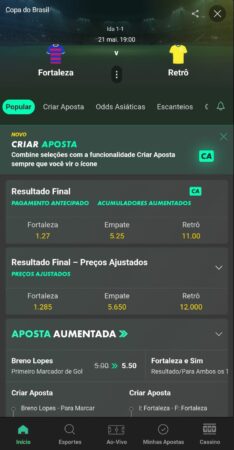 Tela do app bet365 com mercados para a Copa do Brasil sobre o confronto Fortaleza e Retrô