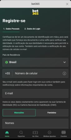 Área de registro do aplicativo bet365 para novos usuários.