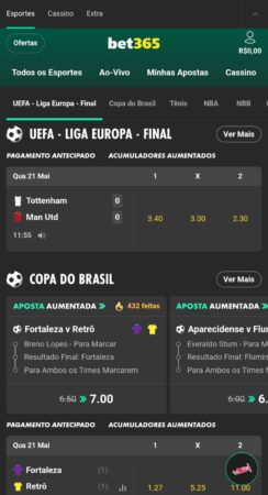 bet365 apresentando odds para a final da Europa League e para a Copa do Brasil