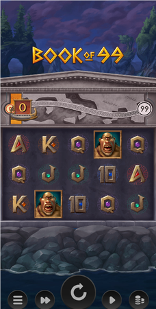 Book of 99 com rolos exibindo símbolos como letras, guerreiros e elementos de pedra, ambientado em um cenário mitológico com rochas e mar ao fundo.