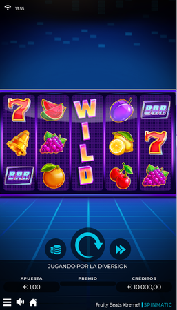 Fruity Beats Xtreme! com símbolos de frutas, número 7 e símbolo WILD em destaque, interface neon e valor de aposta de R$1 por rodada.