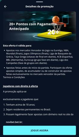 Promoção da Novibet com pagamento antecipado em apostas de basquete com 20 pontos de vantagem.