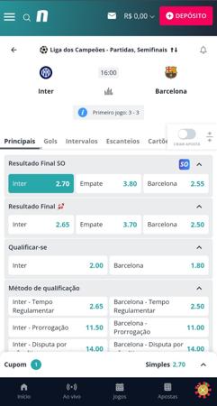 Tela da Novibet com apostas para a semifinal da Liga dos Campeões entre Inter e Barcelona, exibindo odds para resultado final, qualificação e método de vitória.