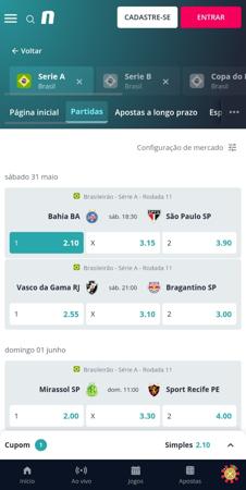 Apostas de futebol na Novibet com jogos da Série A como Bahia vs São Paulo, Vasco vs Bragantino e Mirassol vs Sport, com cotações para cada resultado.