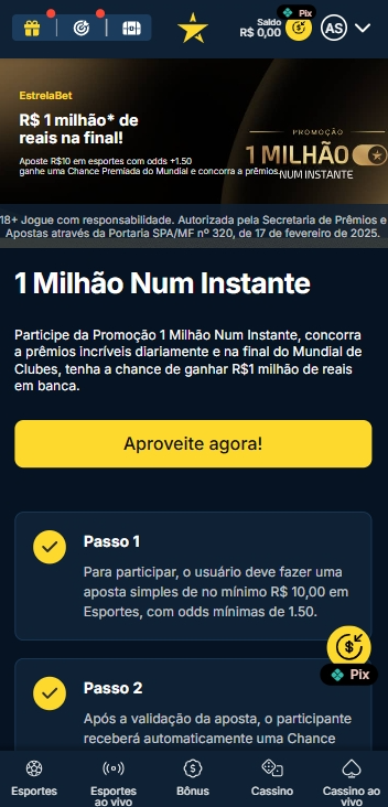 Promoção 1 Milhão Num Instante na Estrela.Bet, com prêmios diários e R$1 milhão na final do Mundial de Clubes 