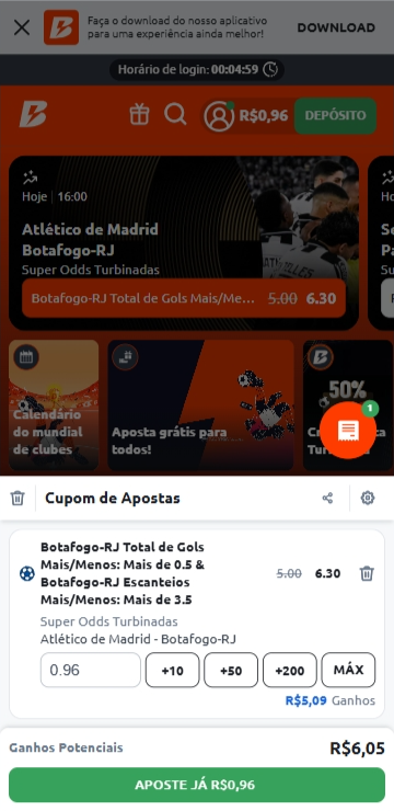Cupom de aposta Betano com odds para Atlético de Madrid x Botafogo com total de gols mais 0.5 e escanteios mais de 3.5 para o Botafogo