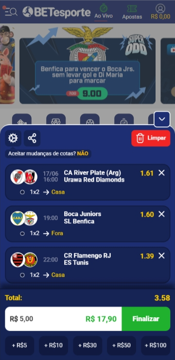 Cupom com múltiplas seleções de resultado de partidas do Mundial de Clubes na Betesporte