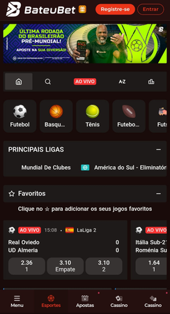 Apostas esportivas na BateuBet com destaque para banner do Brasileirão Pré-Mundial e partidas ao vivo como Real Oviedo vs UD Almeria e Itália Sub-20 vs Romênia Sub-20.