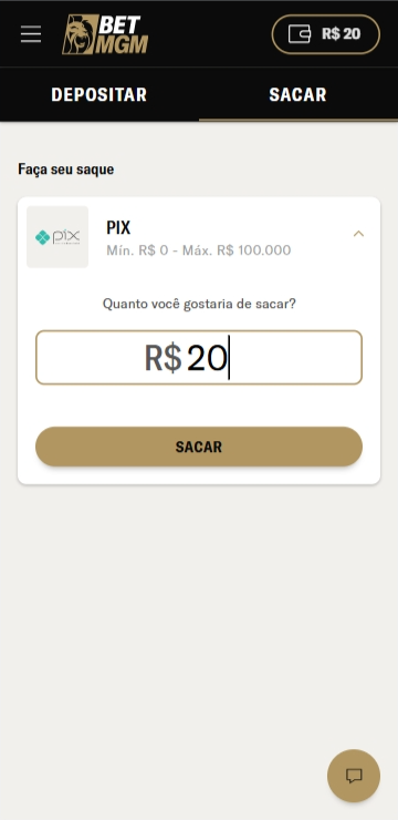 Saque de R$20 na plataforma sem mínimo BetMGM