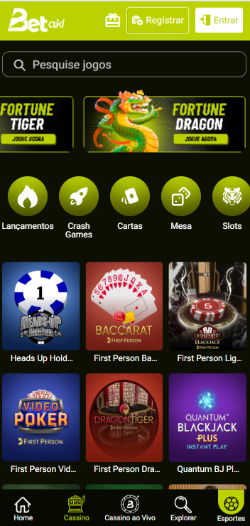 Cassino Betaki com categorias como crash games, cartas, mesa e slots, além dos jogos em destaque Fortune Tiger e Fortune Dragon.