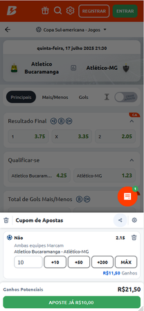 Cupom de aposta da Betano no mercado 'Ambas as equipes marcam' para Atlético Bucaramanga vs Atlético-MG, com palpite 'Não', odd de 2.15 e aposta de R$10 para retorno de R$21,50