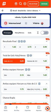 Cupom de aposta da Betano no mercado Mais de 2.5 gols para Internacional vs Vitória, com aposta de R$10 e retorno potencial de R$22,50.