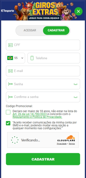 Formulário de cadastro Betesporte com código promocional “NorthstarBR”