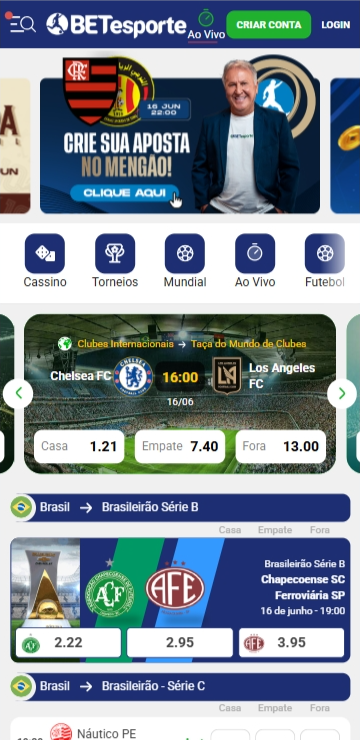 Página de esportes da Betesporte com cotações no Mundial de Clubes e na série B do Brasileirão