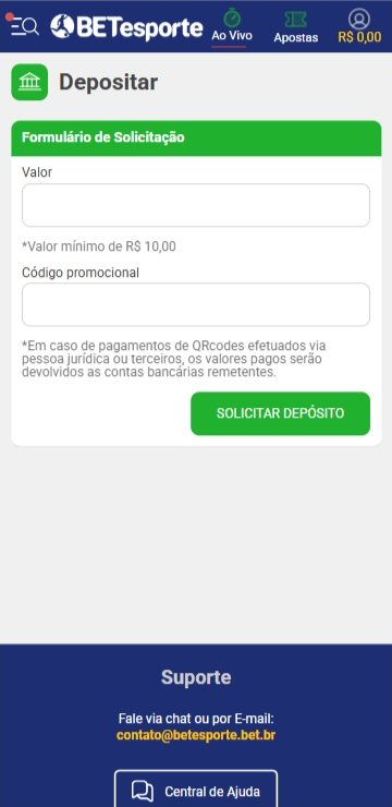 Formulário de solicitação de depósito na Betesporte com mínimo de R$10