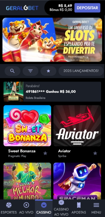 Cassino Geralbet com jogos como Aviator, Sweet Bonanza e Spaceman