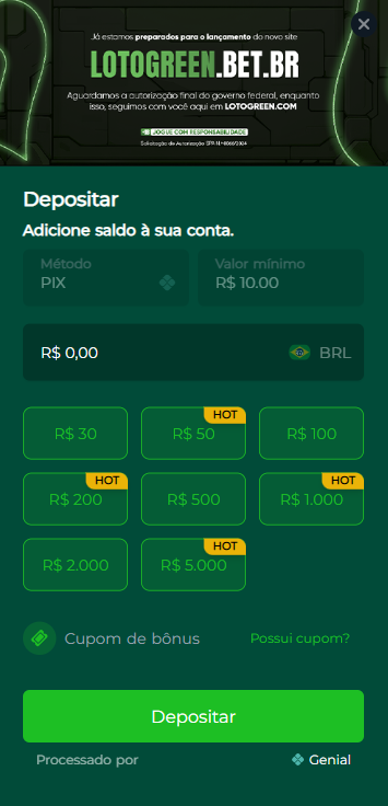 Depósito de 5 reais na Lotogreen