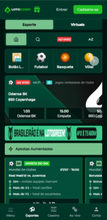 Página de esportes da Lotogreen com apostas ao vivo e destaque para o banner do Brasileirão