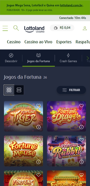 Página de jogos da fortuna no cassino Lottoland com Fortune Dragon, Fortune Tiger, Fortune Mouse e Fortune Rabbit