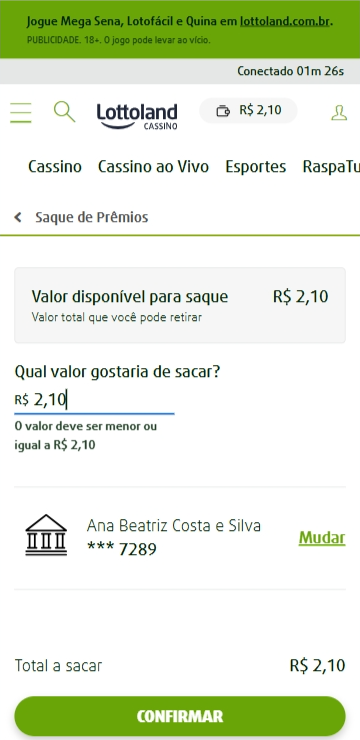 Retirada de R$2,10 na plataforma sem mínimo Lottoland com Pix
