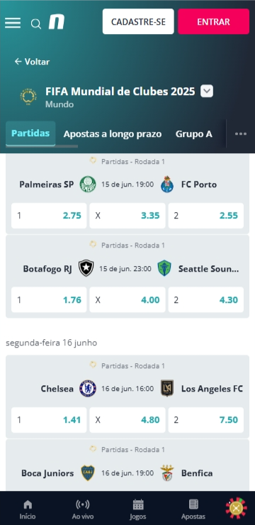 Página de jogos da Novibet com mercados disponíveis para o Super Mundial de Clubes 2026