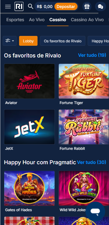 Rivalo Cassino com destaque para  seção Os Favoritos da Rivalo e Happy Hour com Pragmatic