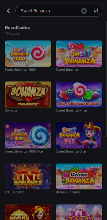 Pesquisa na Betano pelo jogo Sweet Bonanza com opções da franquia Sweet Bonanza 1000 e Sweet Bonanza Xmas