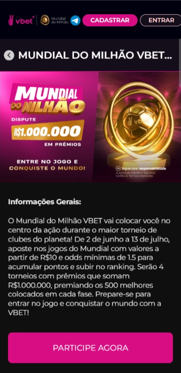 Promoção Mundial do Milhão na Vbet com R$1 milhão em prêmios