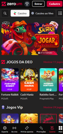 Cassino Zero Um com destaque para os Jogos da Deo: Fortune Rabbit, Cash Mania e Ratinho Sortudo.