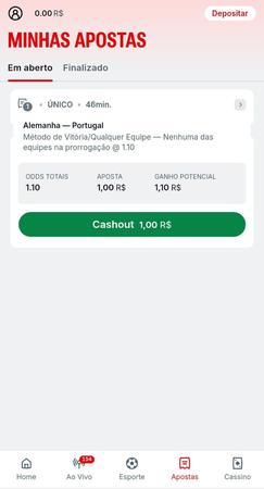 Opção de cashout da Superbet com aposta em Alemanha vs Portugal, odds de 1.10 e retorno potencial de R$1,10 a partir de R$1 apostado.