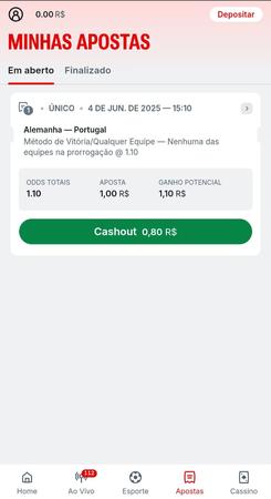 Cashout da Superbet com aposta em Alemanha vs Portugal, odds de 1.10, valor apostado de R$1 e opção de retirada parcial de R$0,80.