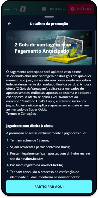 Oferta de 2 gols de vantagem com vitória antecipada na Novibet