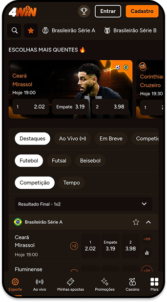 Página da 4Win mostrando opções de apostas em futebol no Brasileirão Série A com odds para Ceará x Mirassol