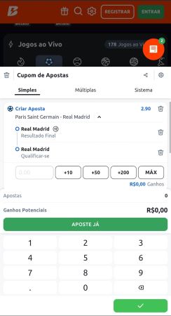 Cupom de aposta da Betano com duas seleções: vitória do Real Madrid e classificação do time. A odd total é de 2.90.