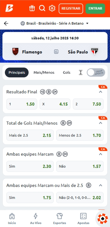 Partida Flamengo vs São Paulo na Betano com odds